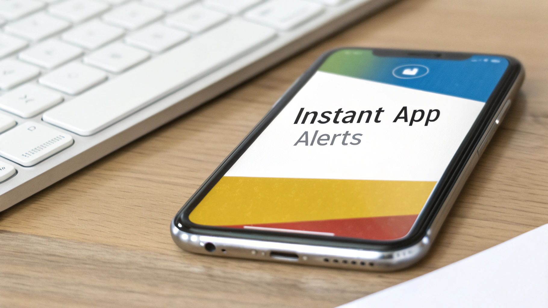 A silver smartphone displaying 'Instant App Alerts' on its screen, next to a white keyboard on a wooden desk.