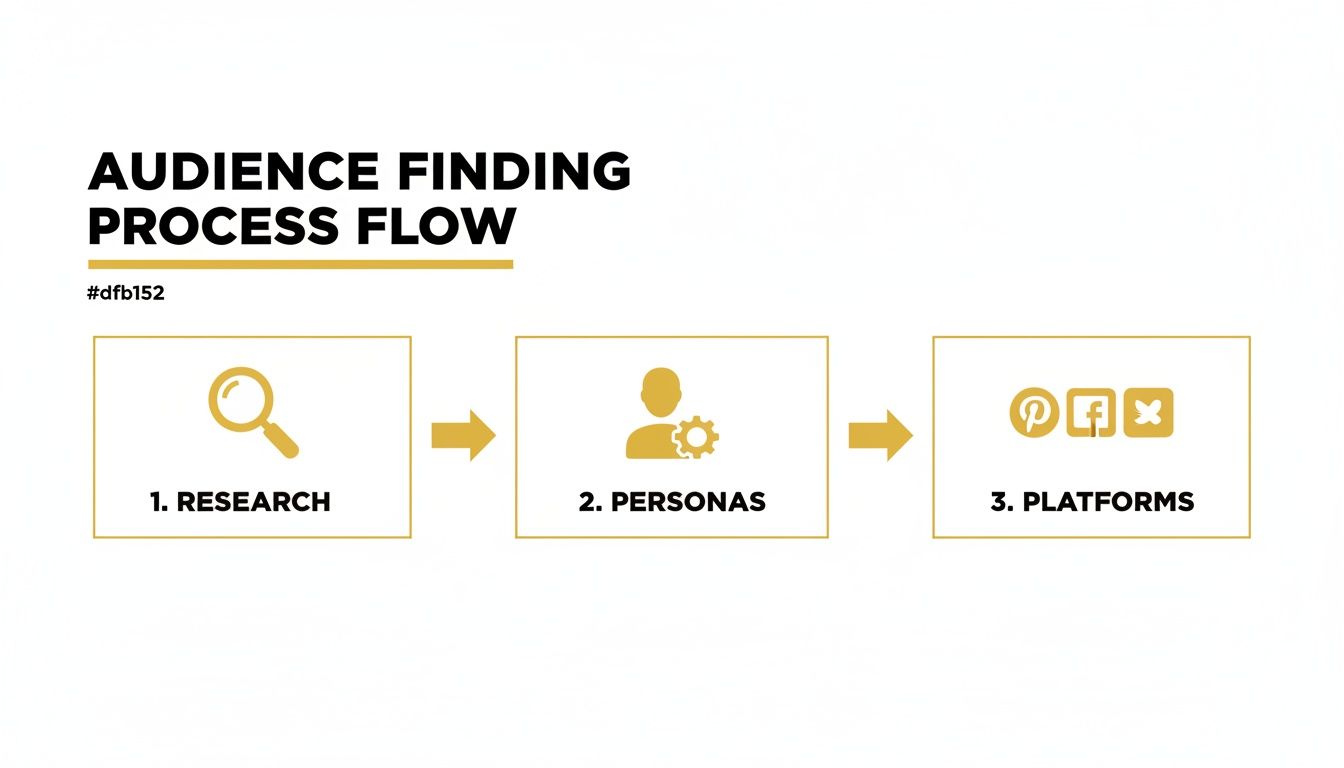 Audience finding process flow diagram shows Research, Personas, and Social Media Platforms.