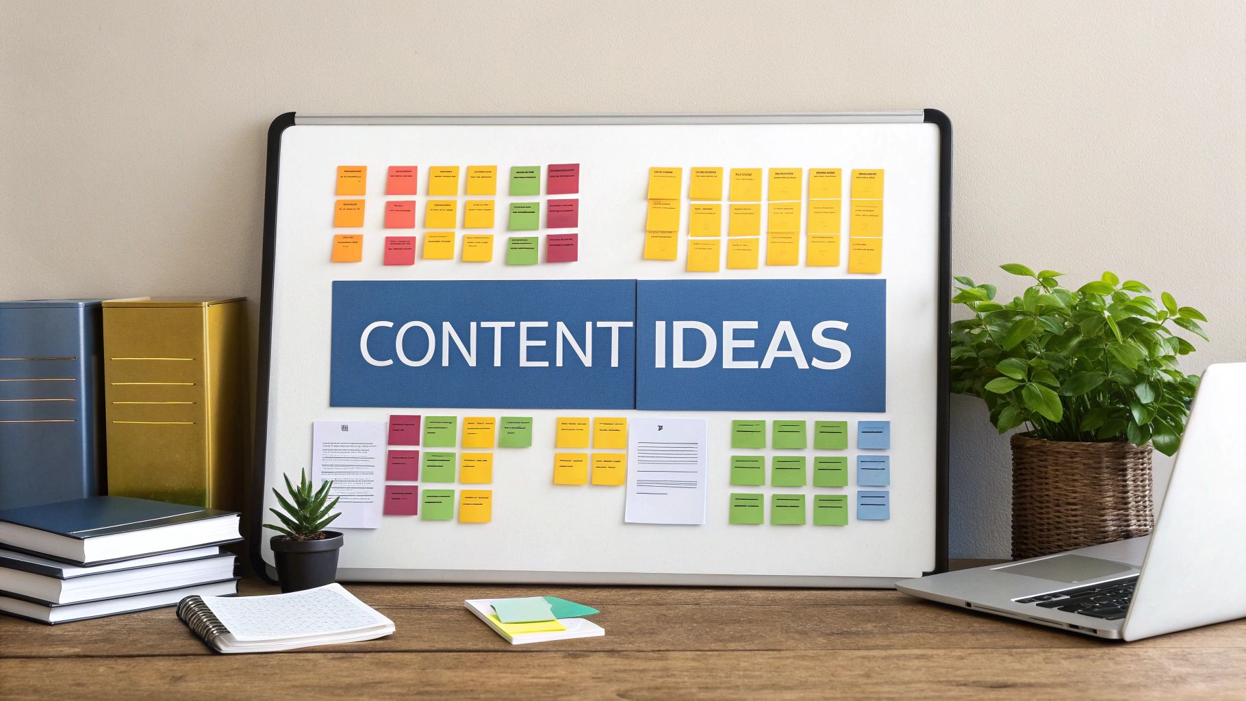 A whiteboard displaying 'CONTENT IDEAS' with colorful sticky notes, documents, books, and a laptop.