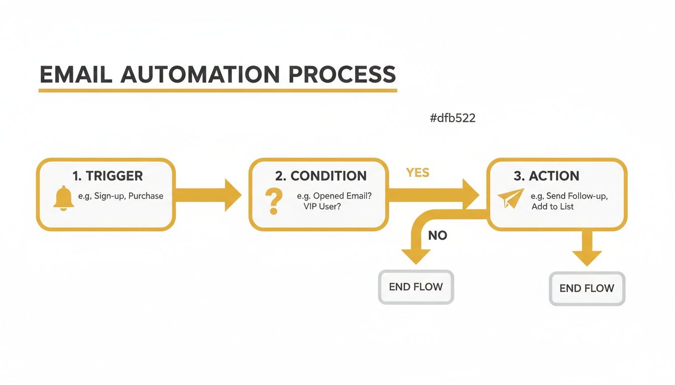 Flowchart illustrating the email automation process with steps for trigger, condition, and action.