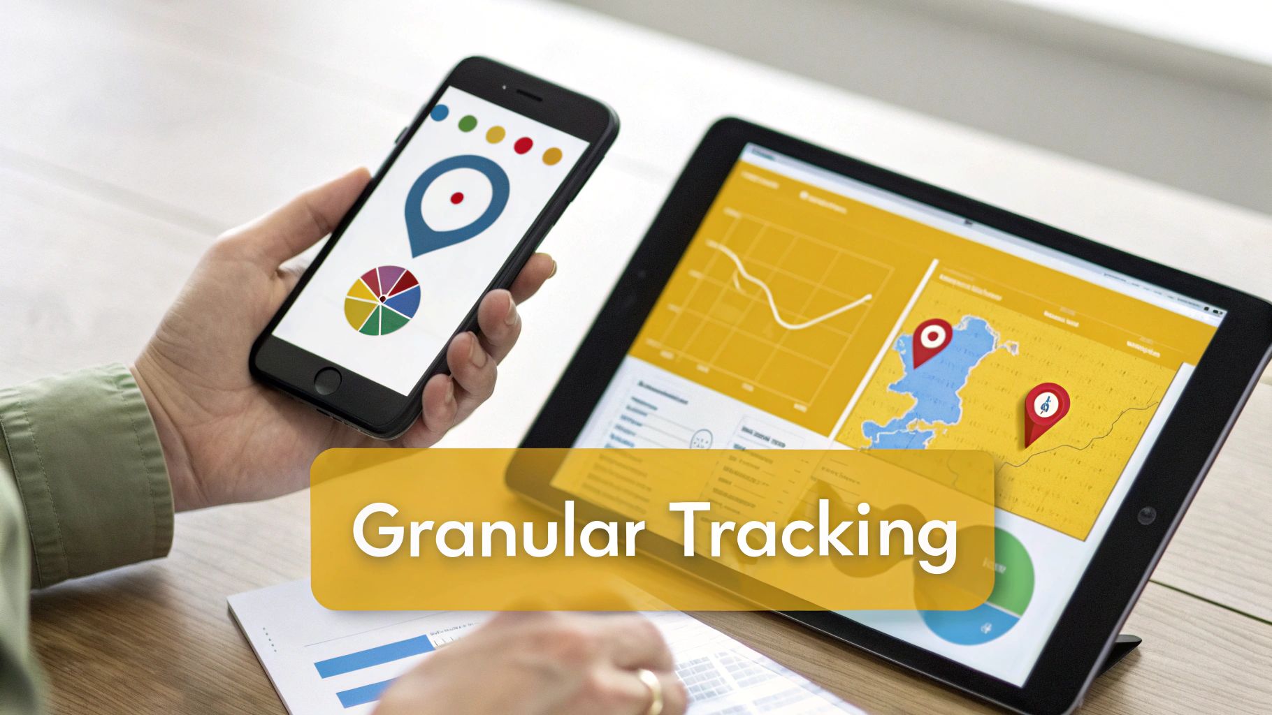 Hands using smartphone and tablet displaying data dashboards with location tracking and charts, illustrating granular tracking.