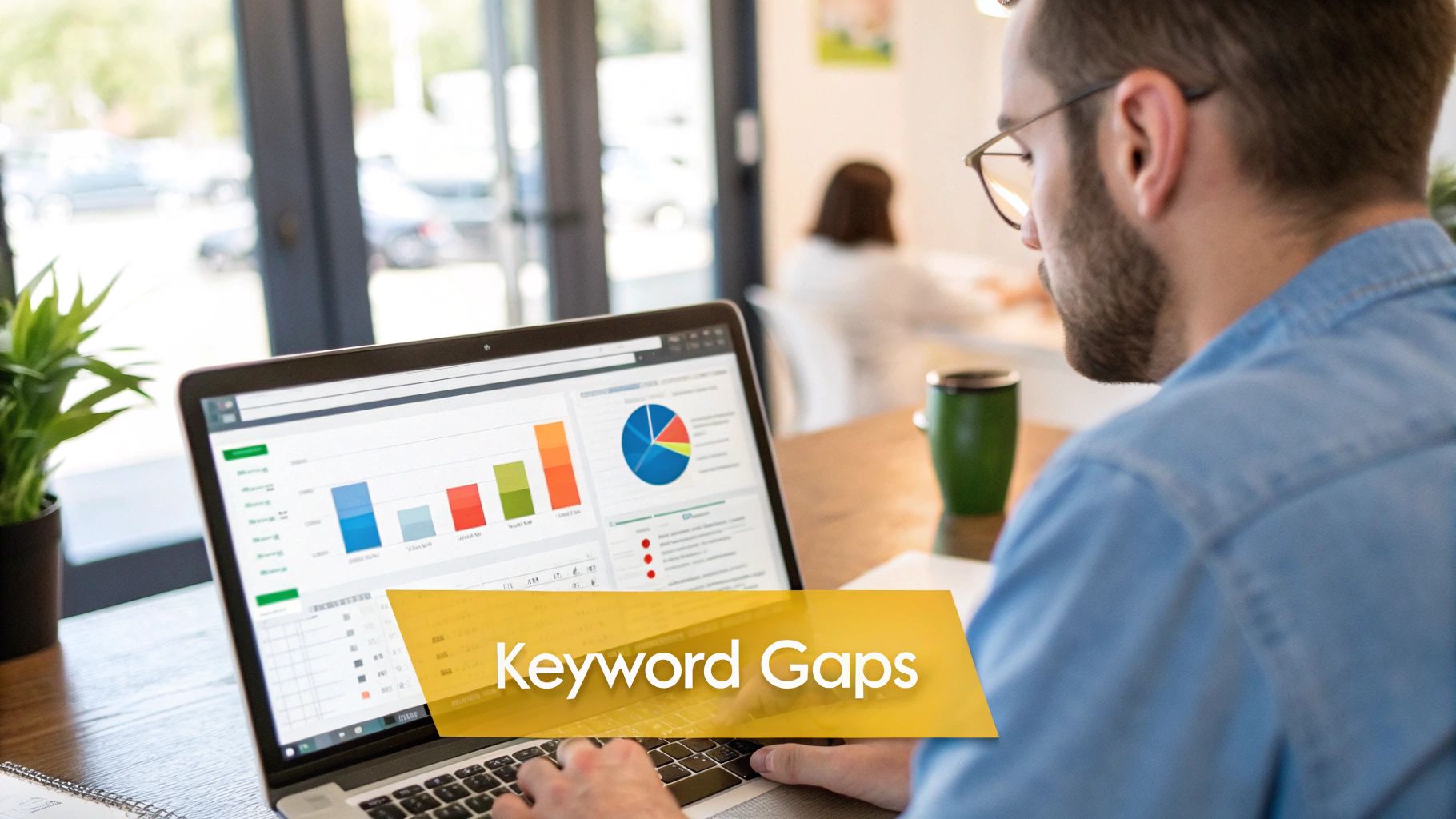 A person looking at a Google Analytics dashboard on a laptop with a frustrated expression, highlighting the '(not provided)' keyword section.