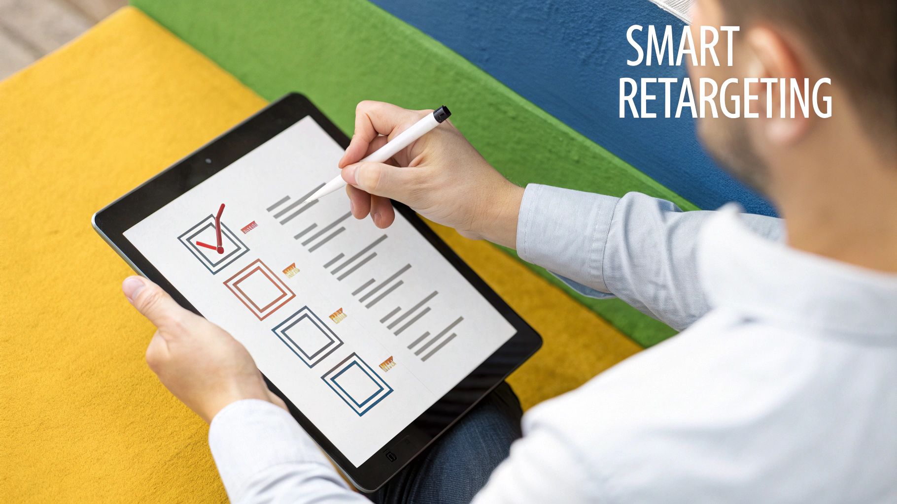 A marketer strategically planning a retargeting campaign on a digital whiteboard.