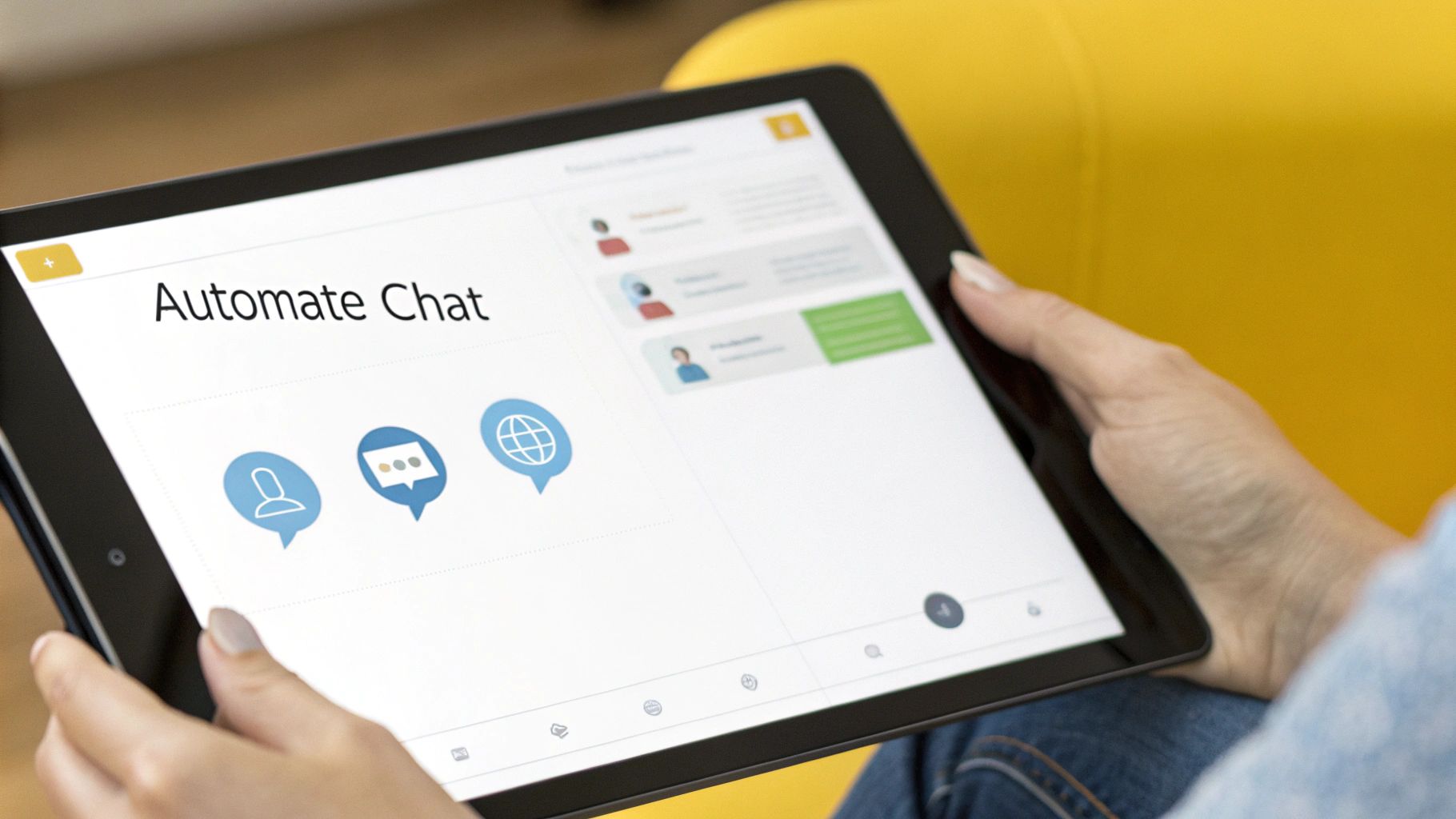 A person holds a tablet showing an 'Automate Chat' interface with user and global chat icons.