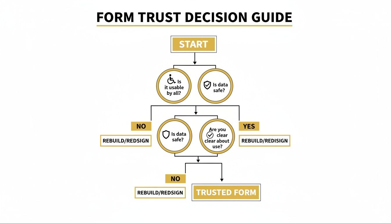 Flowchart guiding decisions on form trust, checking usability, data safety, and clarity of use for trusted forms.