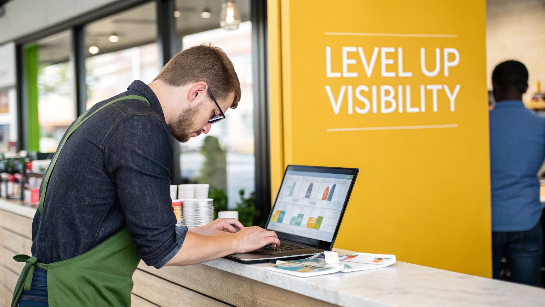 A man in a green apron types on a laptop at a counter, managing his small business.