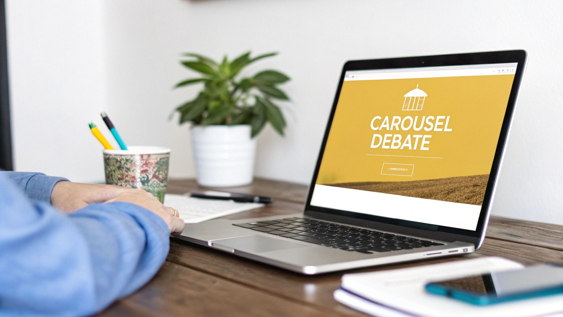 Person using laptop displaying Carousel Debate website homepage with yellow landing page design