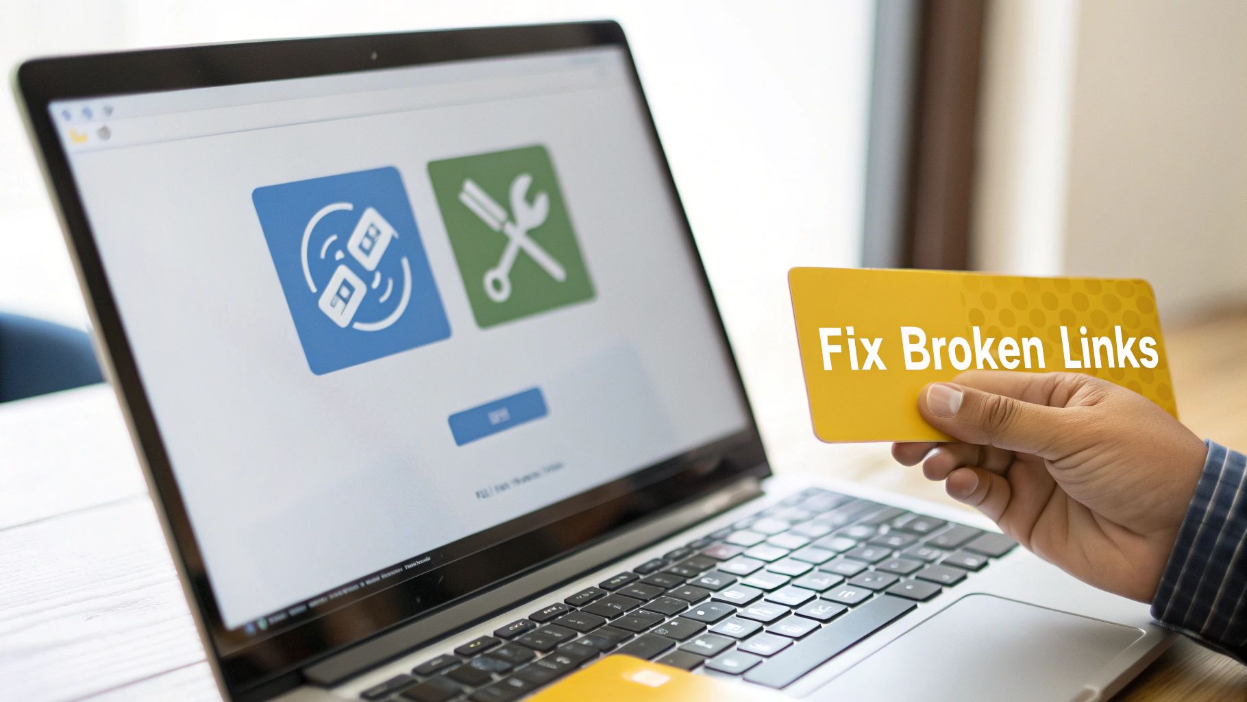 A hand holds a yellow card with 'Fix Broken Links' text, next to a laptop displaying application icons.