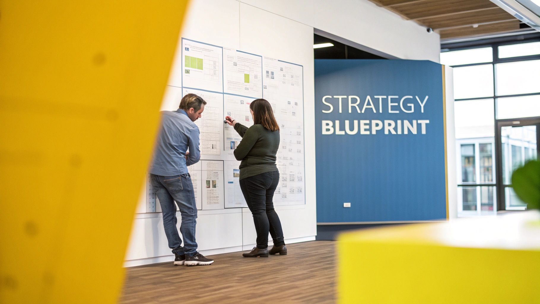 Two colleagues discuss a strategy blueprint displayed on a wall in a modern office environment.