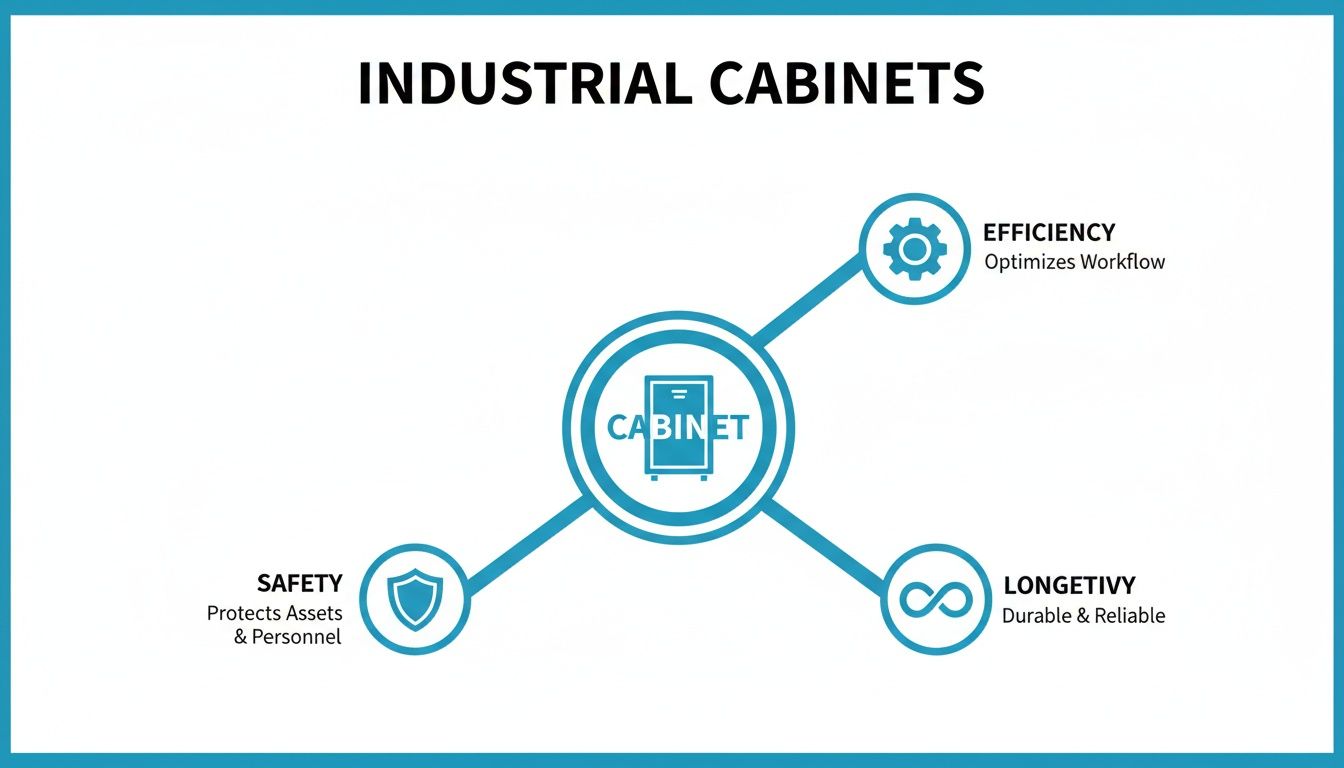 An infographic illustrating the core benefits of industrial cabinets: safety, efficiency, and longevity.