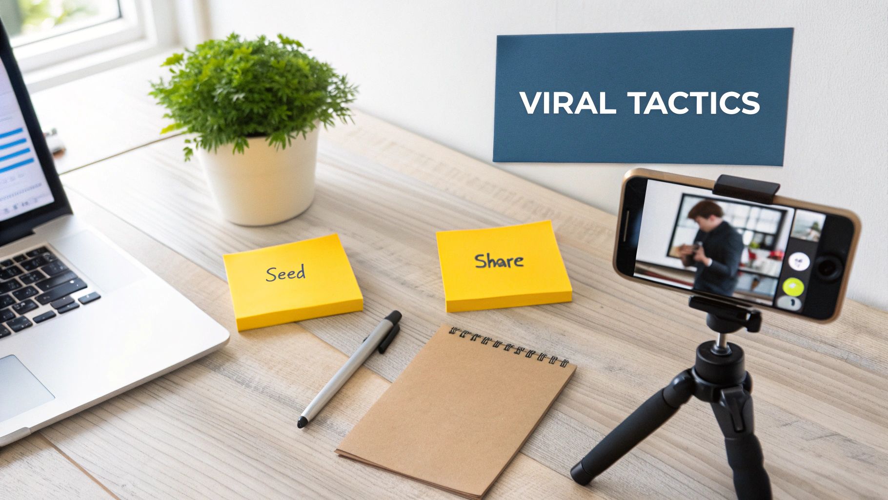 A desk with a laptop, sticky notes 'Seed' and 'Share', and a phone recording a video.