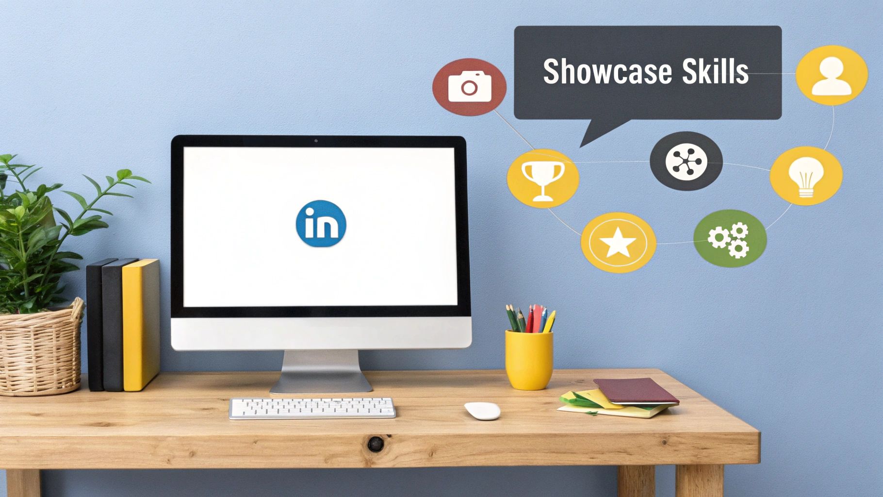 A person working on their LinkedIn profile, with key sections like the headline and 'About' section highlighted for optimisation.