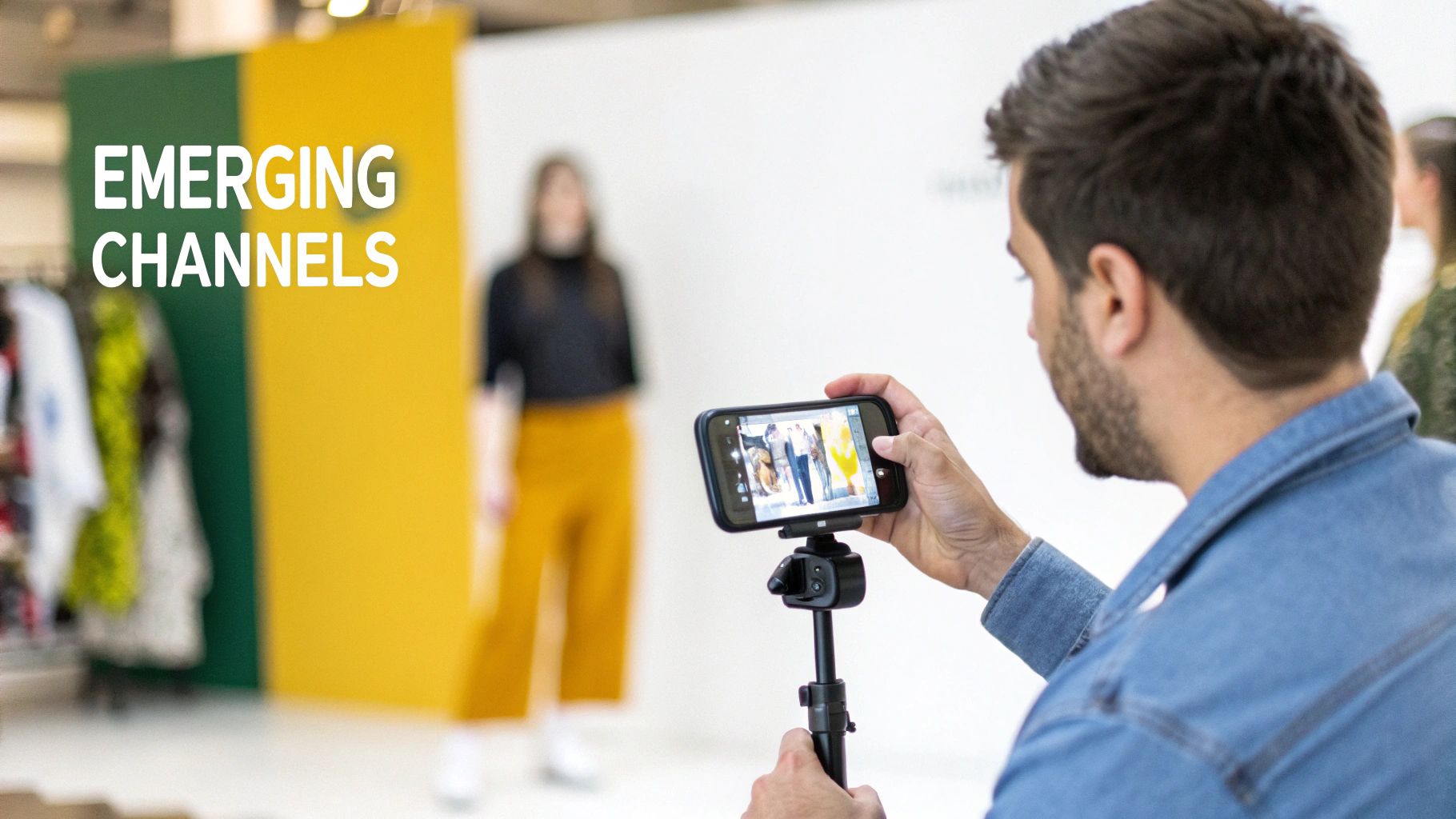 A person films models with a smartphone on a tripod, showcasing emerging digital content channels.