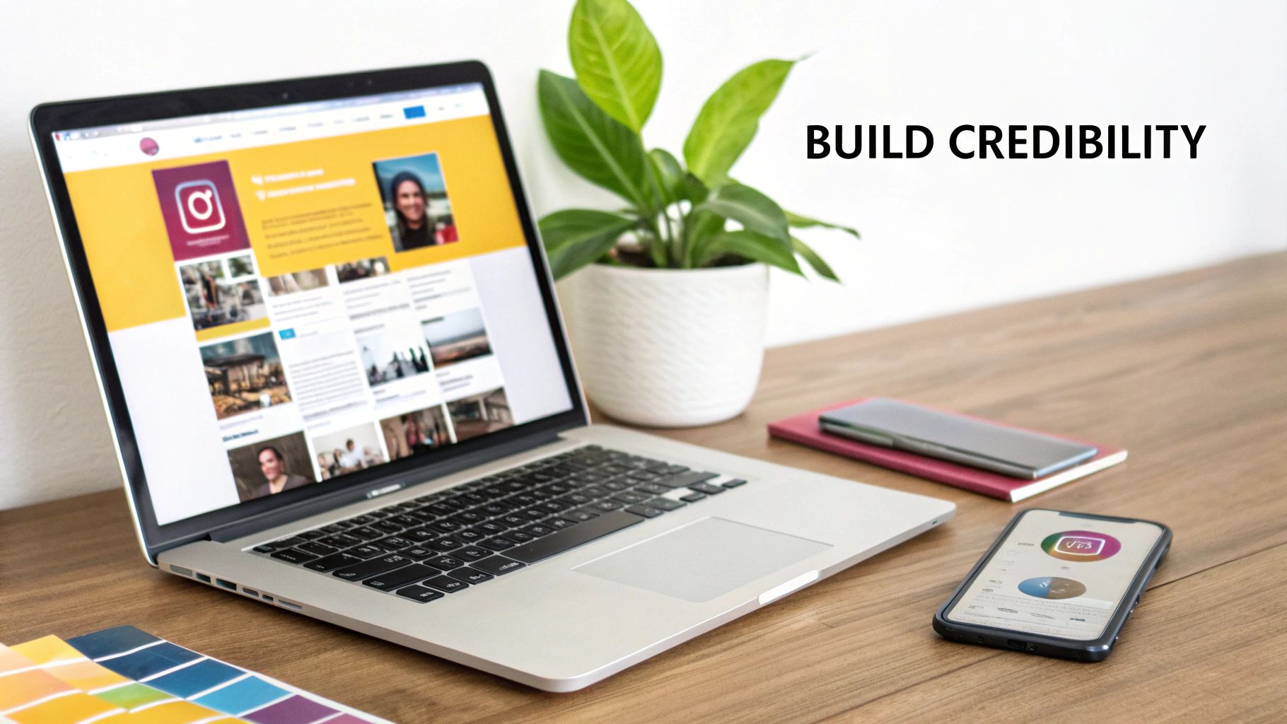 A modern workspace with a laptop displaying an Instagram-like website, phones, and a plant.