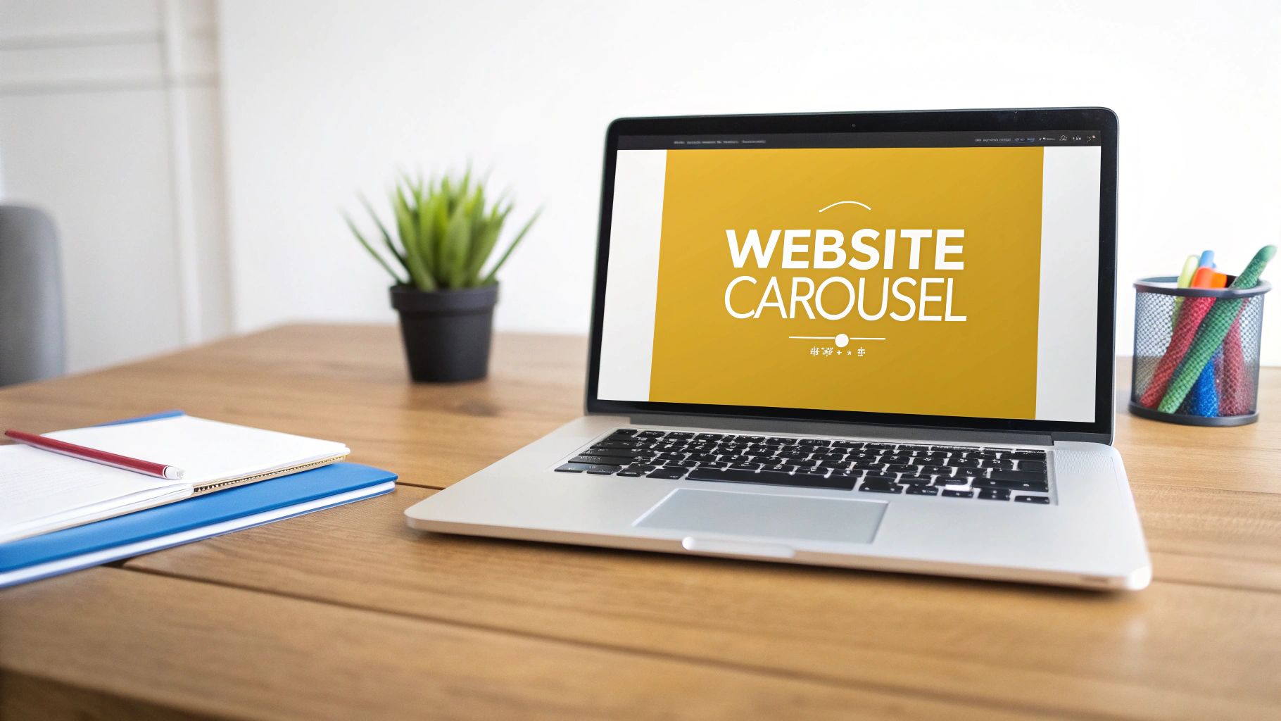 A silver laptop displaying 'WEBSITE CAROUSEL' on its screen sits on a wooden desk with notebooks, a plant, and pens.