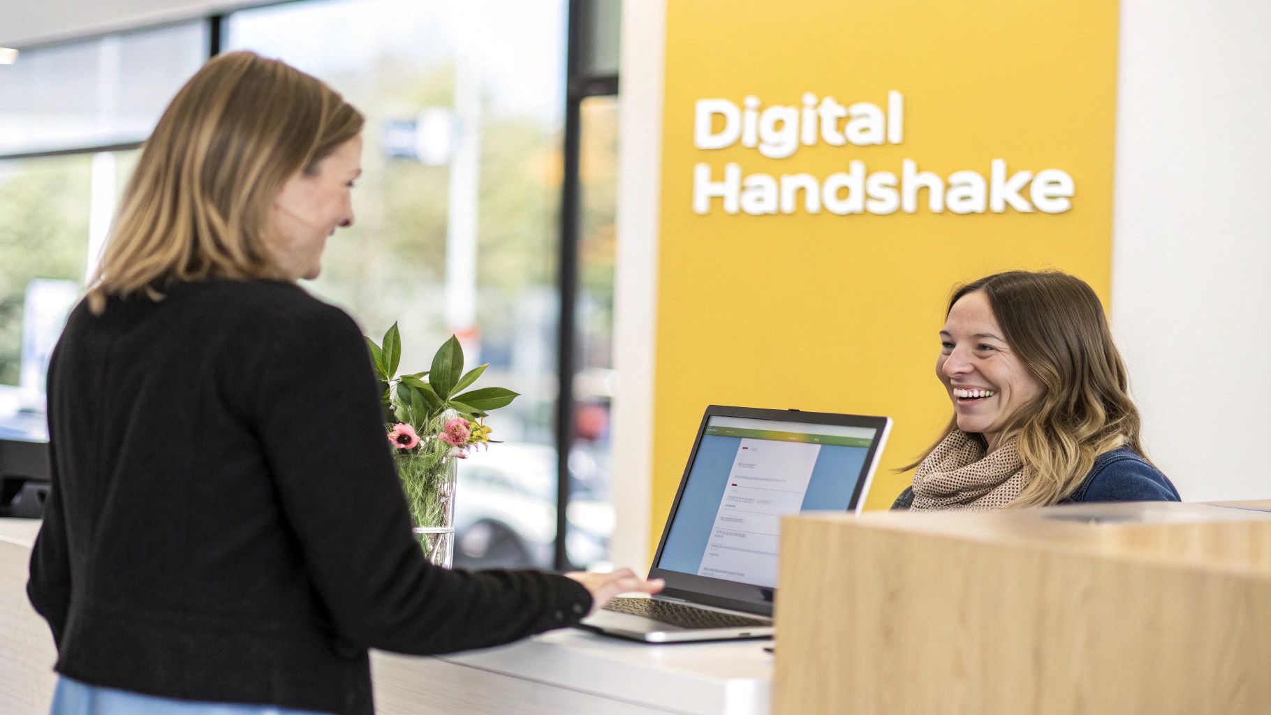 Two women interacting at a counter, one typing on a laptop, beneath a 'Digital Handshake' sign.