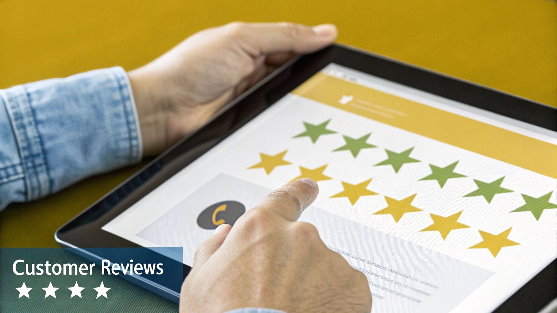 A close-up shot of a customer leaving a five-star review on a smartphone, with a coffee shop blurred in the background.