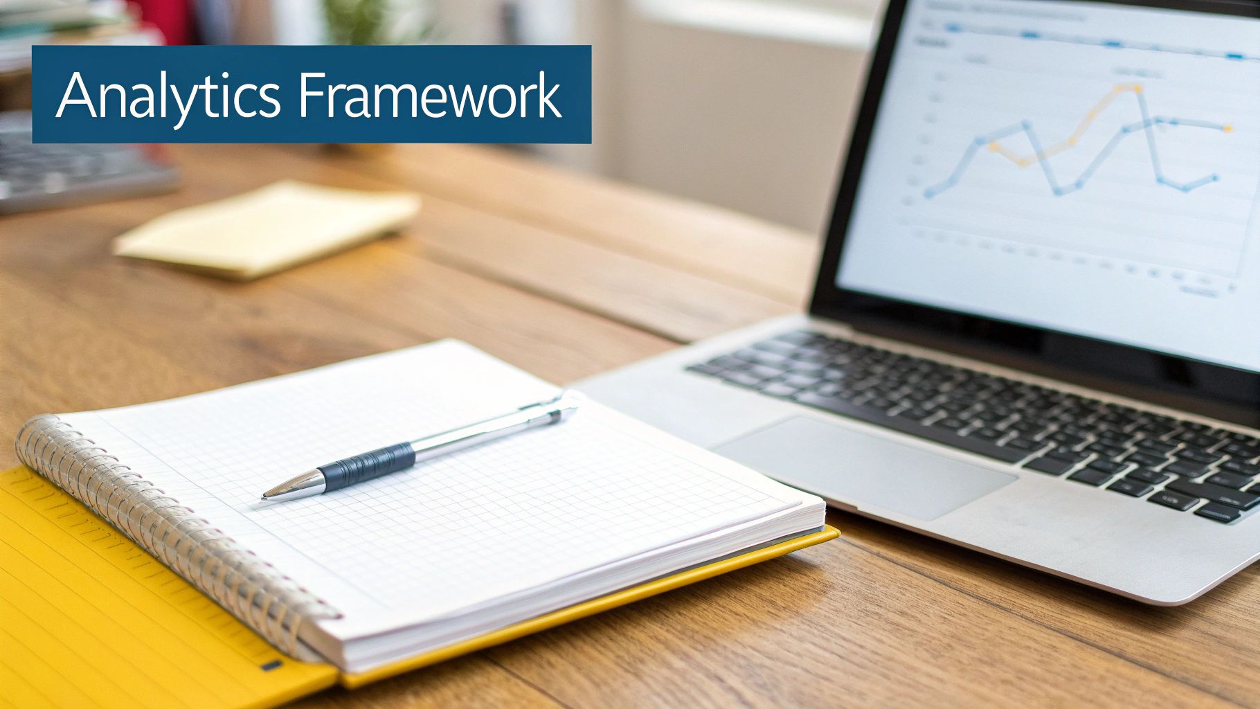 Analytics framework displayed on laptop screen with notebook and pen on wooden desk workspace