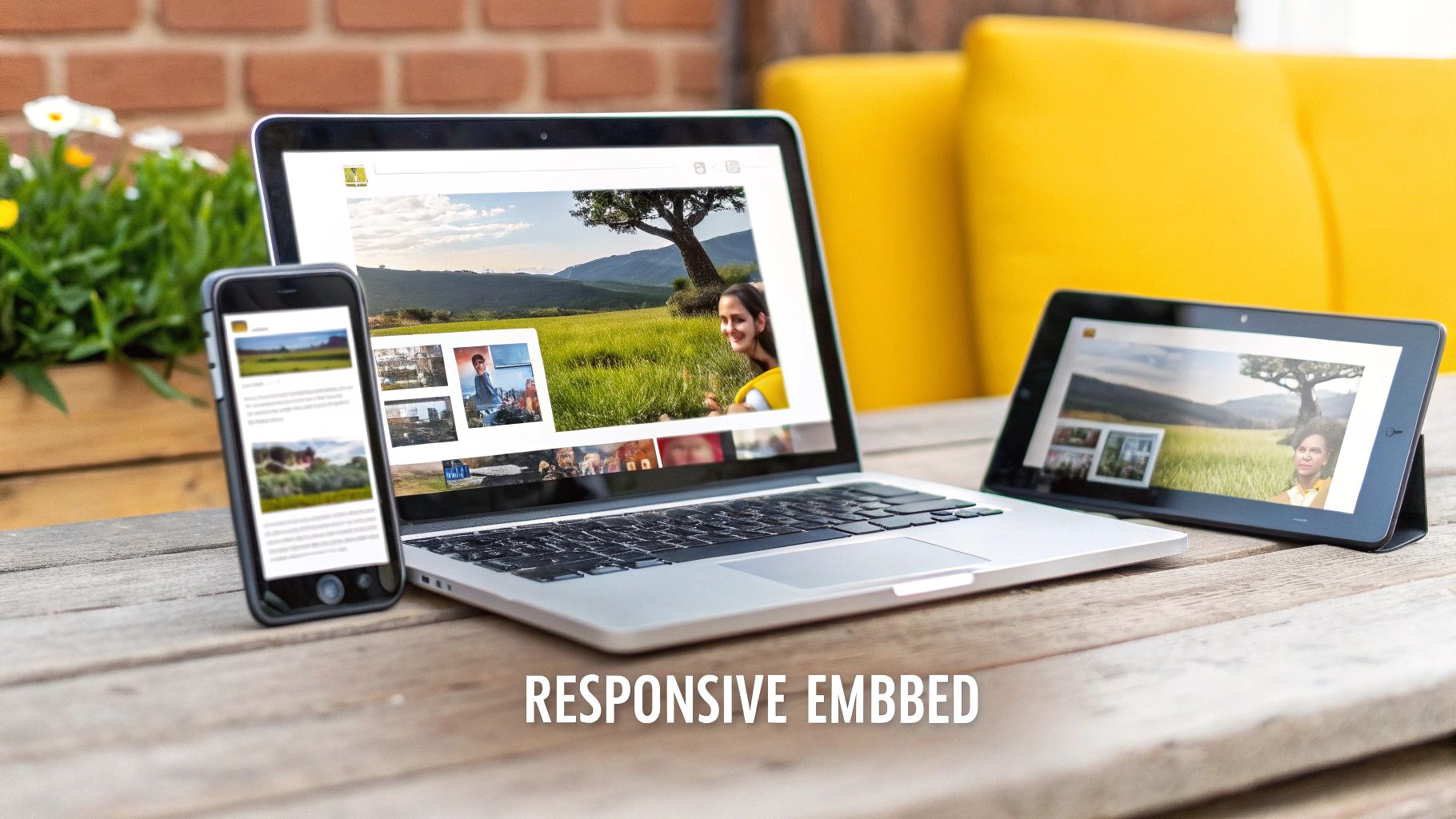 A laptop, smartphone, and tablet on a wooden table displaying a responsive website design.