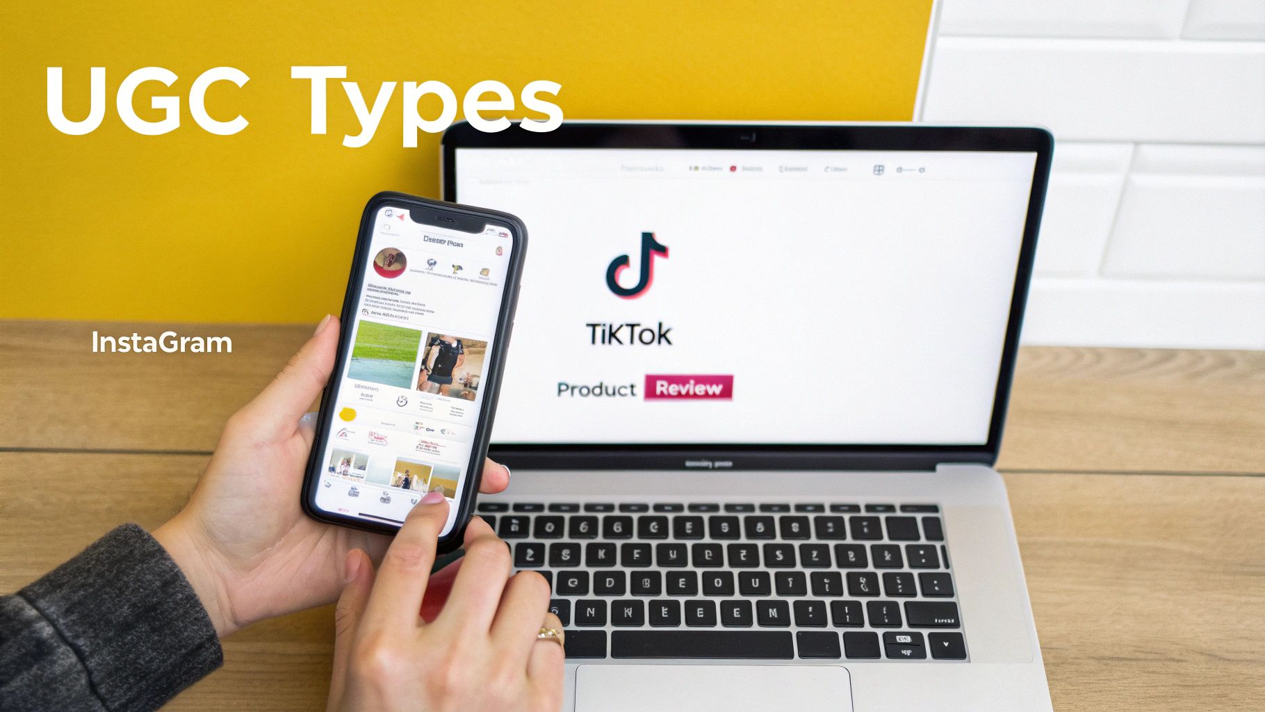 A person holding a smartphone with Instagram, next to a laptop showing TikTok and 'UGC Types' text.