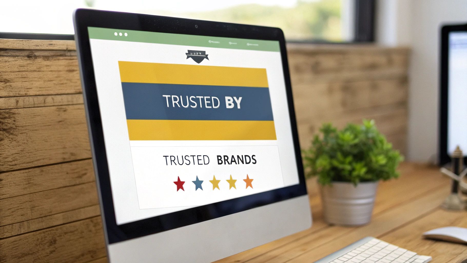 Computer screen showing a 'TRUSTED BY' website banner with 'TRUSTED BRANDS' and five rating stars.