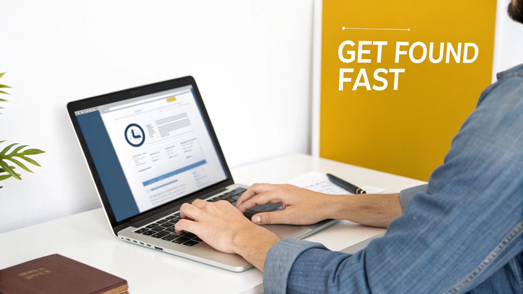 A person working on a laptop with charts and graphs in the background, symbolising SEO strategy and web submission.