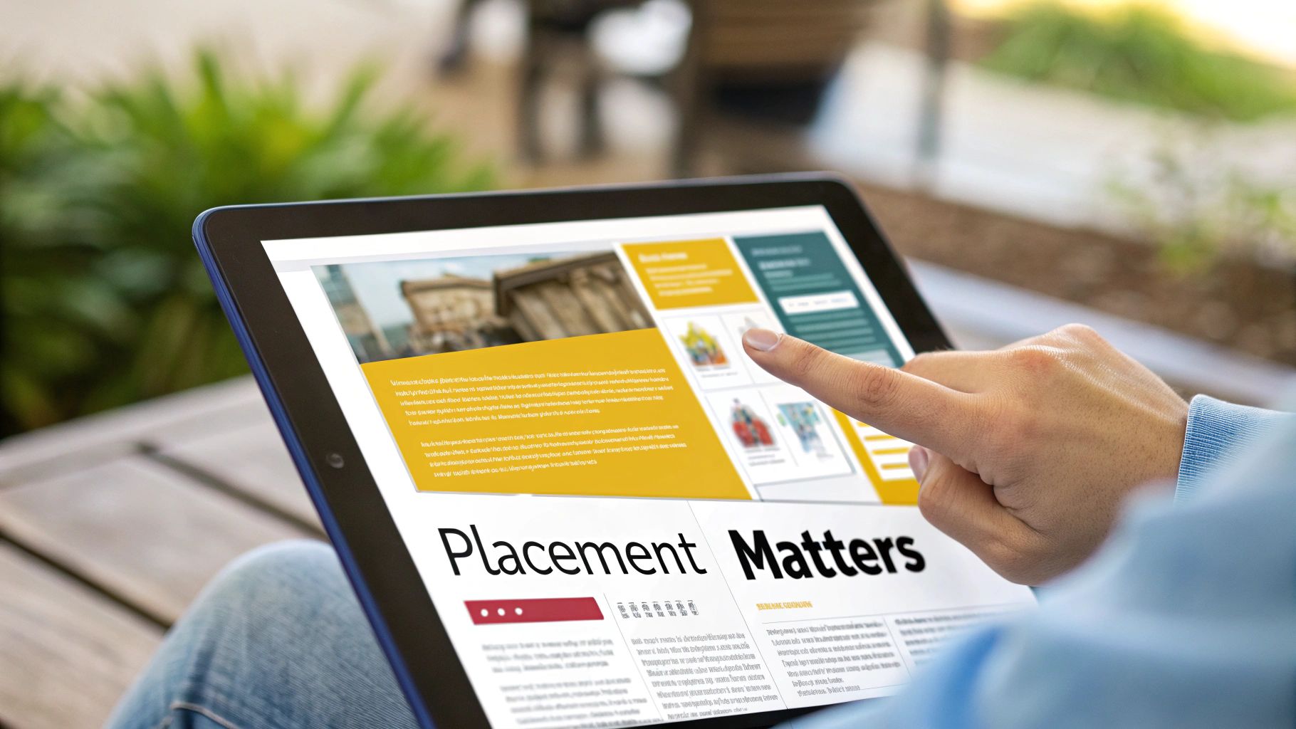 Close-up of a person's hand tapping on a tablet screen displaying a 'Placement Matters' article.