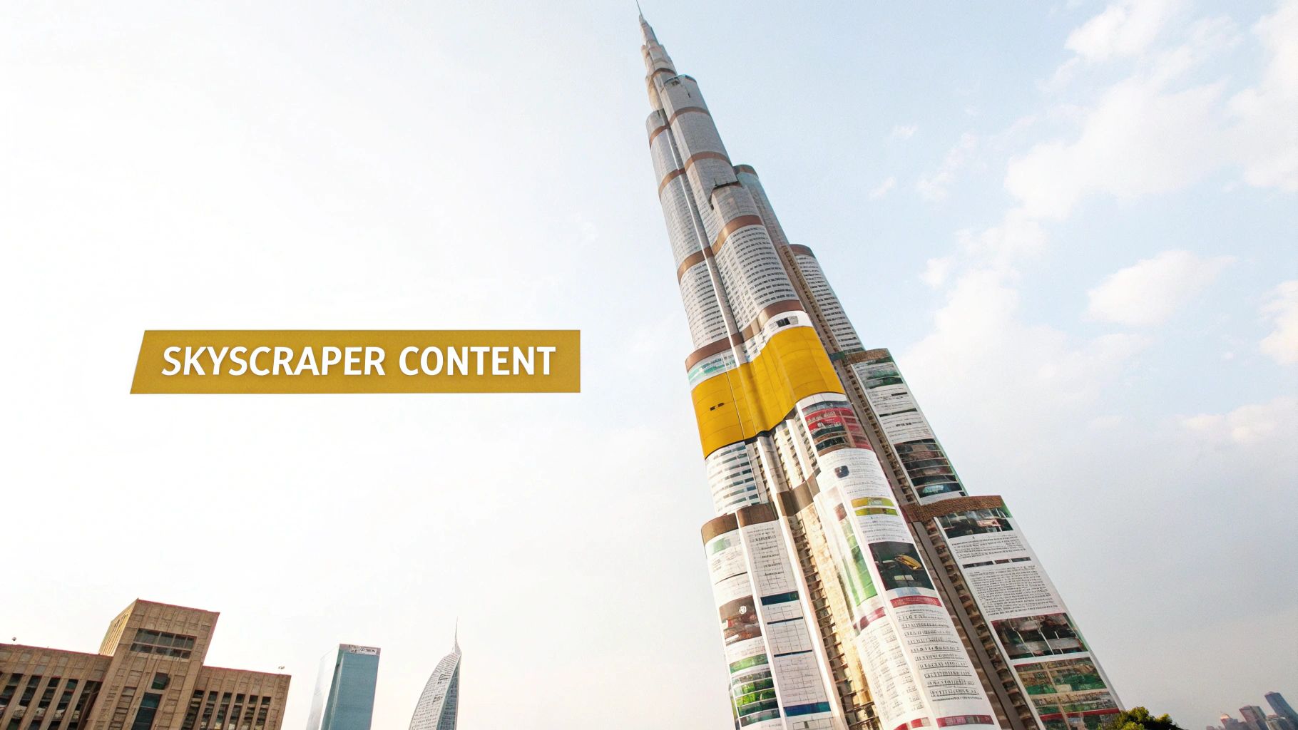 A towering skyscraper with 'SKYSCRAPER CONTENT' text on a gold banner against a bright sky.