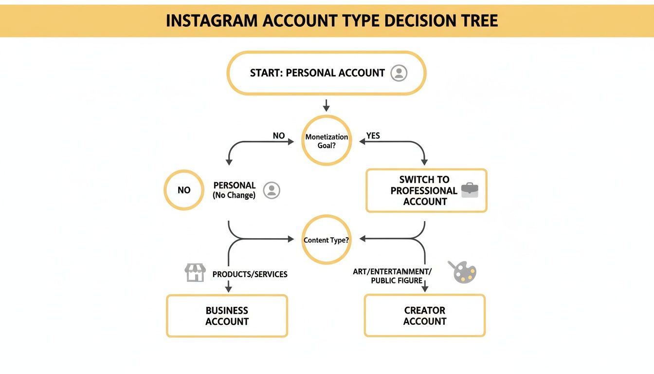 Decision tree diagram for Instagram account types: Personal, Business, and Creator, based on monetization and content.