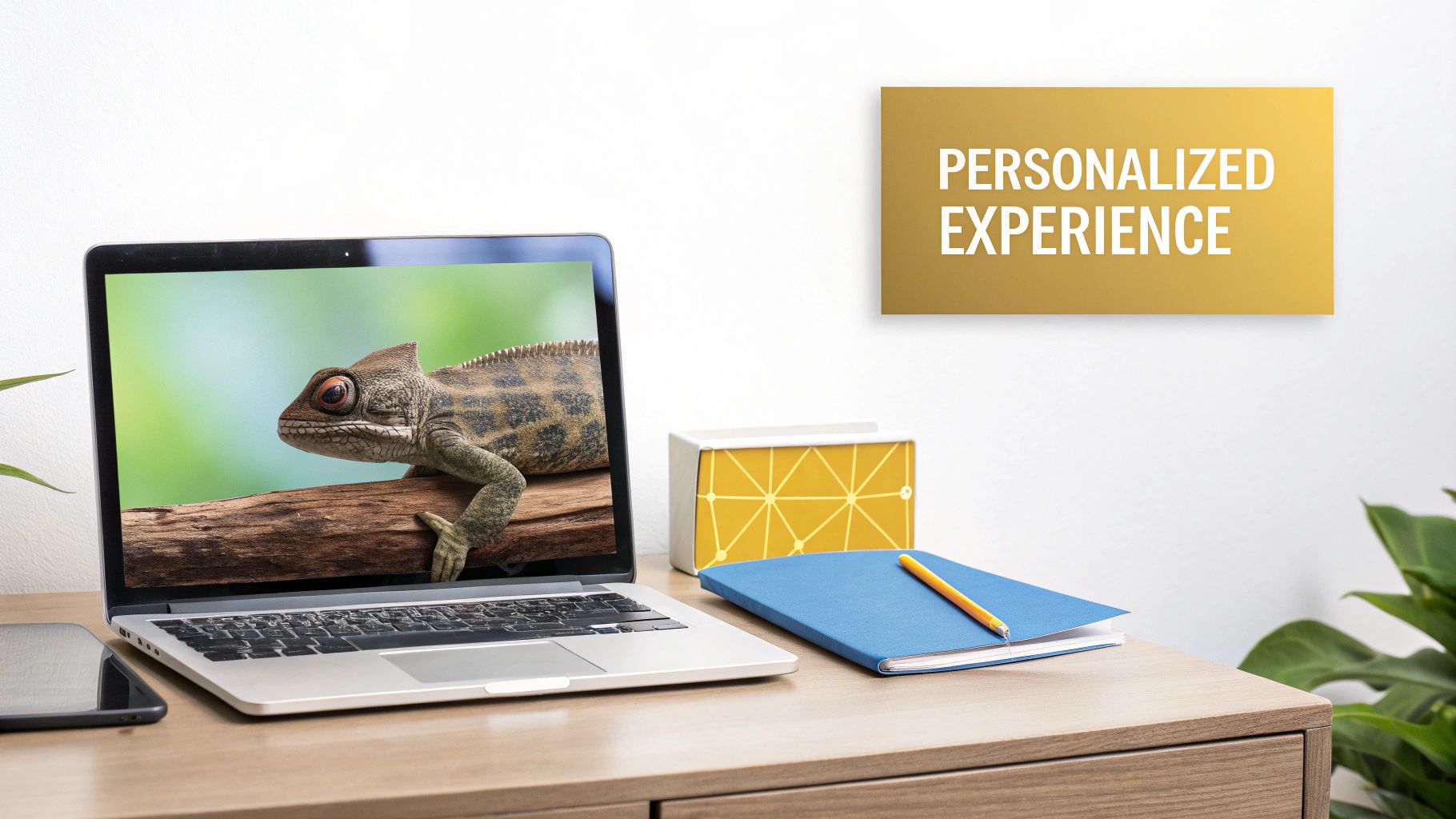 A laptop displaying a chameleon, a notebook, and a 'PERSONALIZED EXPERIENCE' sign on a desk.