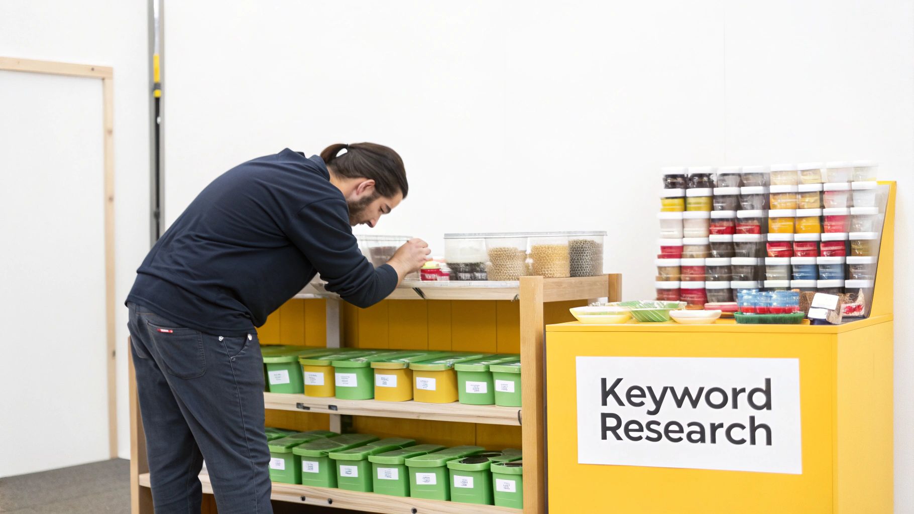 A person interacts with a colorful 'Keyword Research' display featuring small containers on shelves.