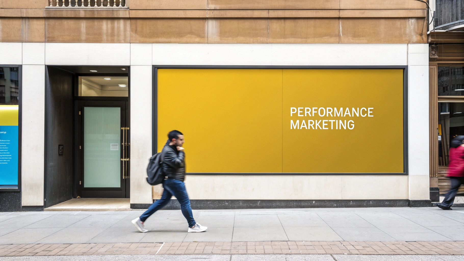 A man with a backpack walks past a bright yellow storefront billboard displaying 'PERFORMANCE MARKETING' on a city street.