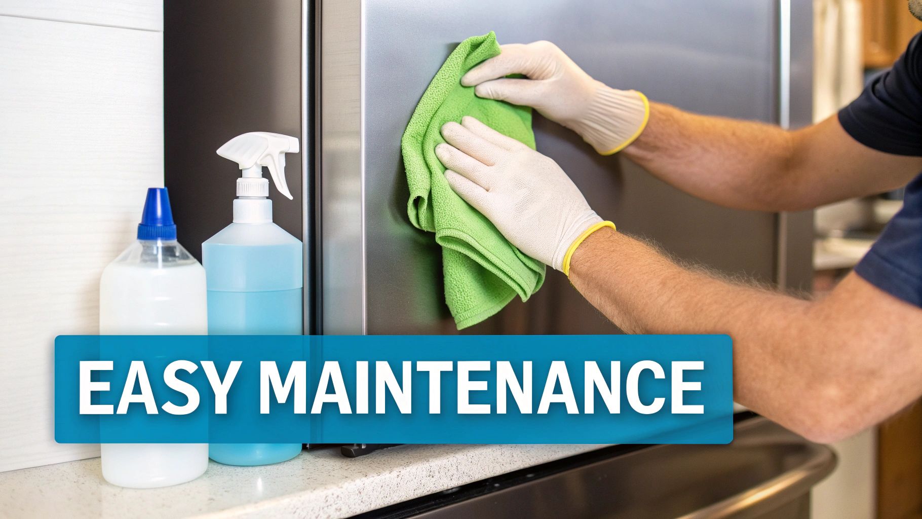 A person wearing gloves cleans a stainless steel refrigerator with a green cloth, emphasizing easy maintenance.