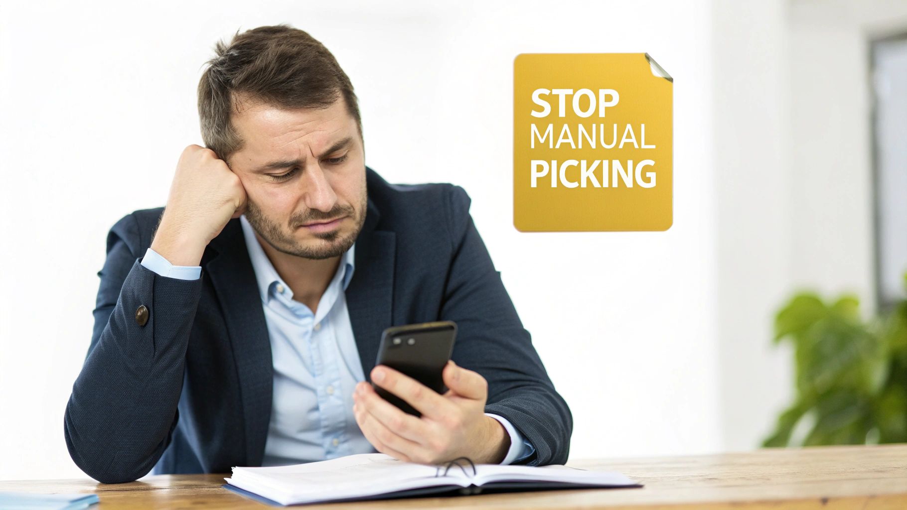 A frustrated man looks at his smartphone, with a yellow sign saying 'STOP MANUAL PICKING'.