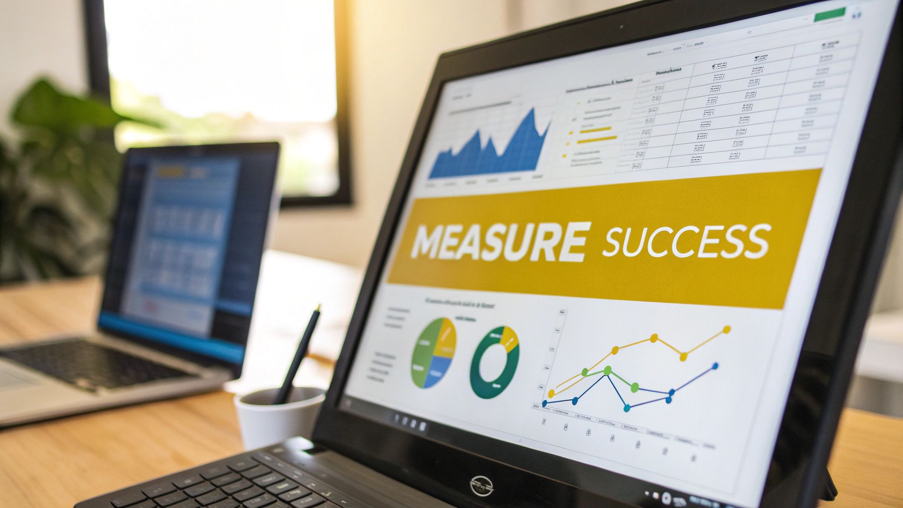 A laptop screen displays a business dashboard with charts, graphs, and 'MEASURE SUCCESS' text.