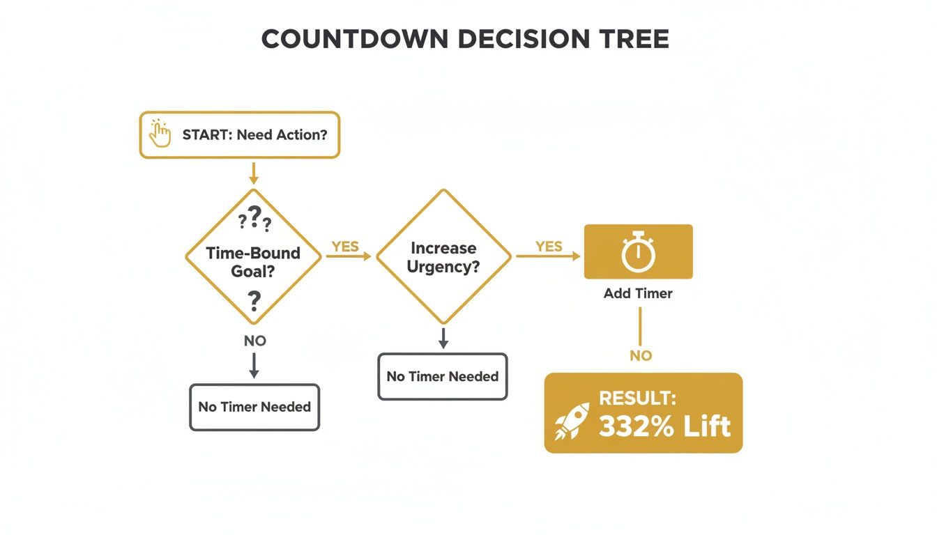 Flowchart showing a countdown decision tree to determine when to add a timer for increased urgency and results.