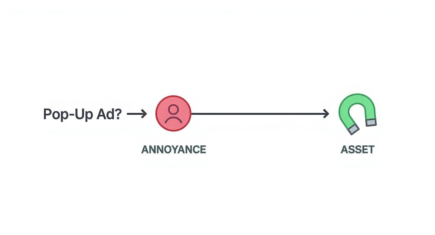 Diagram showing Pop-Up Ad journey from user Annoyance (red person icon) to valuable Asset (green magnet icon).