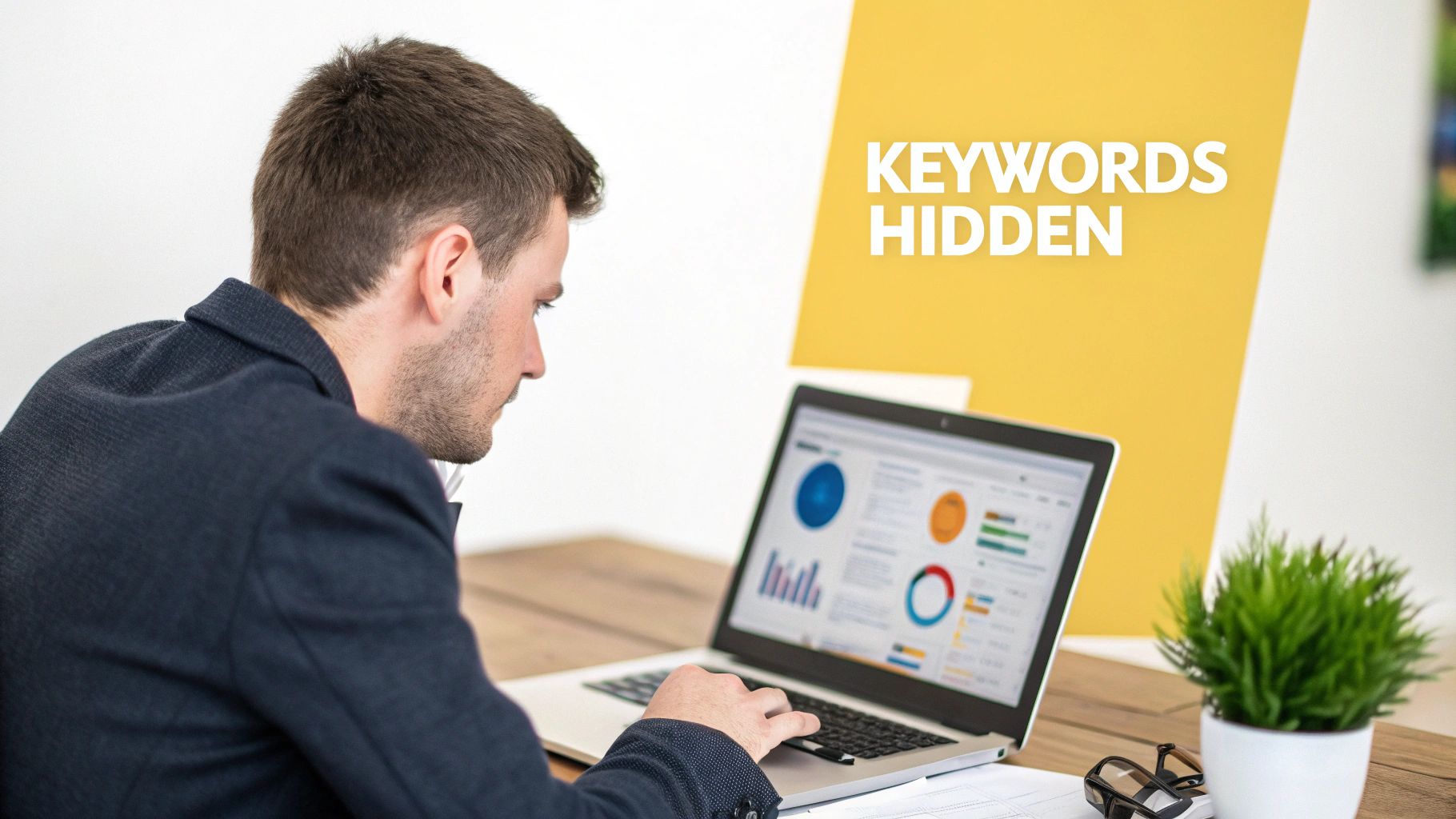 A man in a dark jacket focuses on a laptop screen displaying data charts and graphs.
