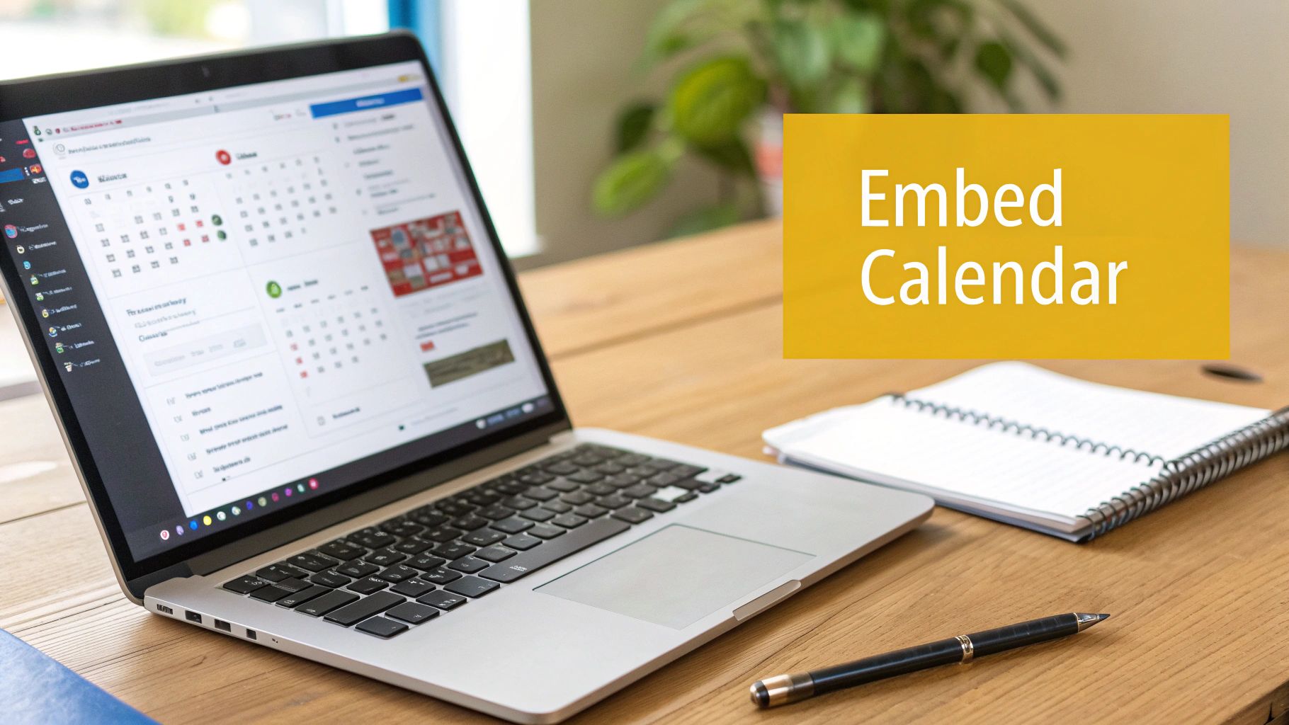 A laptop on a wooden desk displays an online calendar with an 'Embed Calendar' overlay. A notebook and pen are nearby.