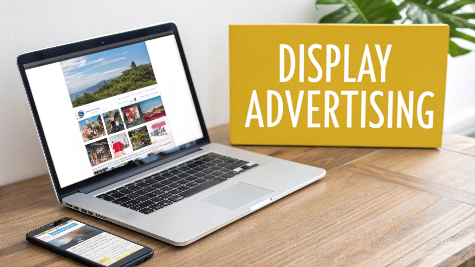 Laptop and smartphone on a wooden desk, with a yellow sign stating 'DISPLAY ADVERTISING'.