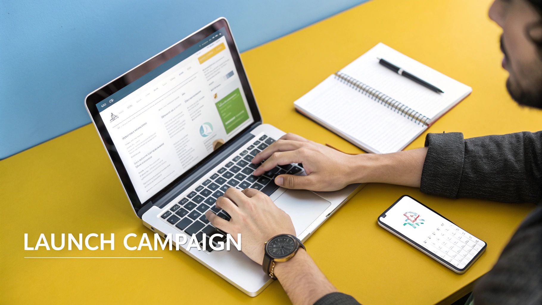A person typing on a laptop with a smartphone and notebook on a yellow desk, 'LAUNCH CAMPAIGN' text.