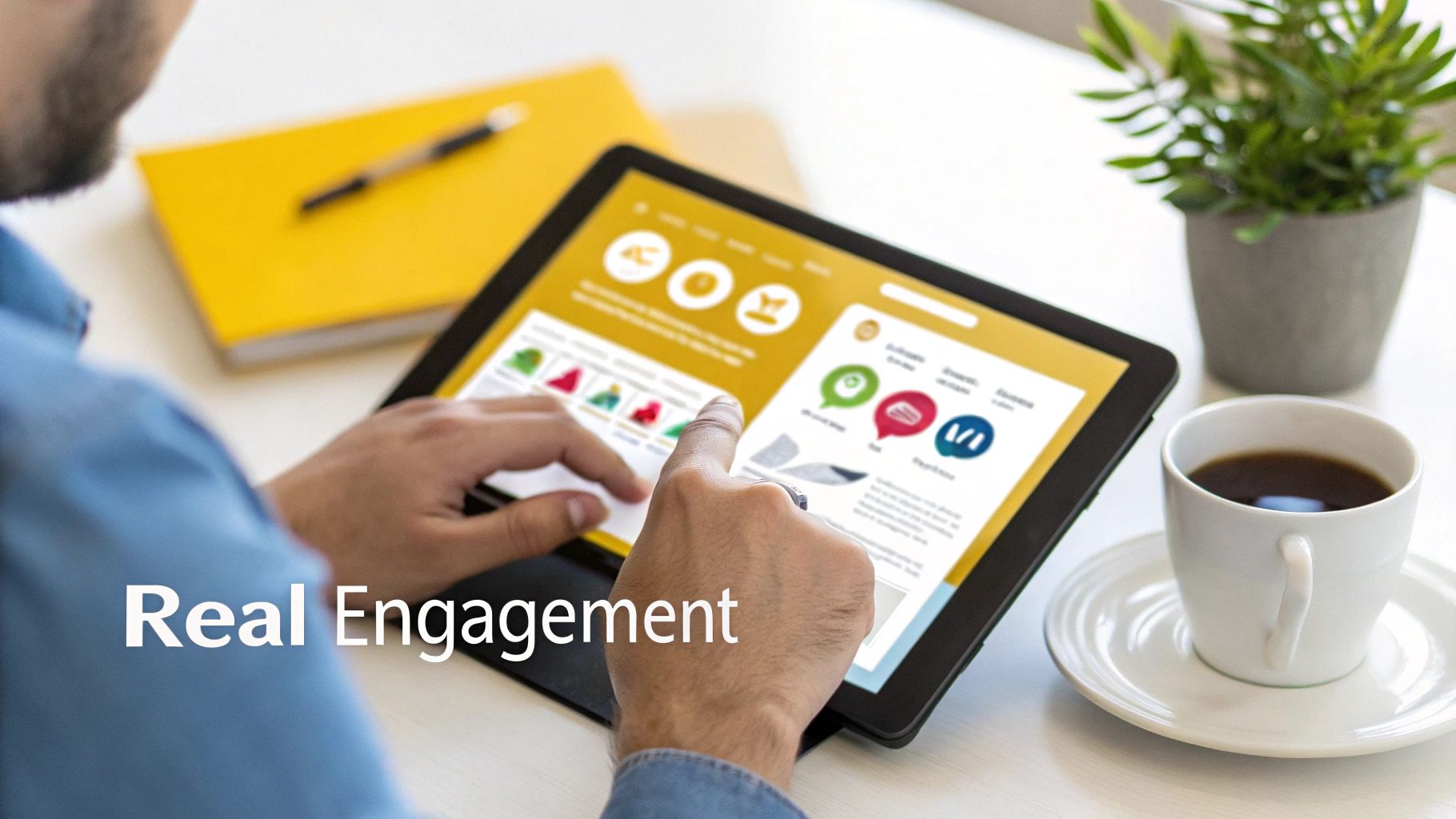 Man's hands engaging with a tablet displaying a colorful app interface on a white desk.