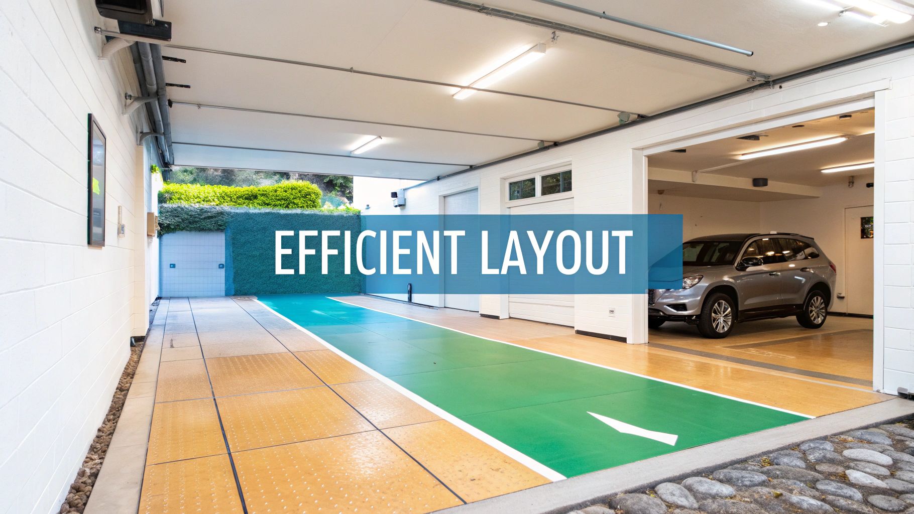 Modern garage with efficient layout featuring color-coded floor zones and indoor pool access
