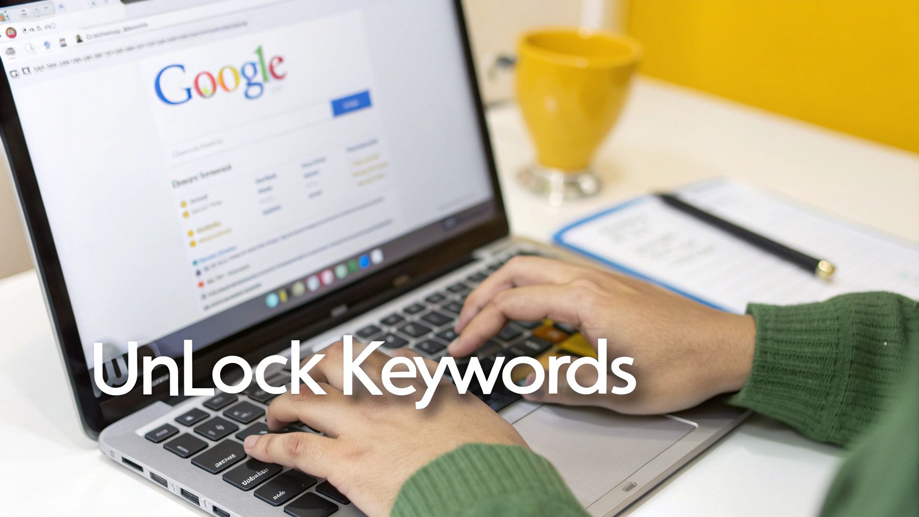 Person typing on a laptop, viewing the Google search page with 'Unlock Keywords' text.