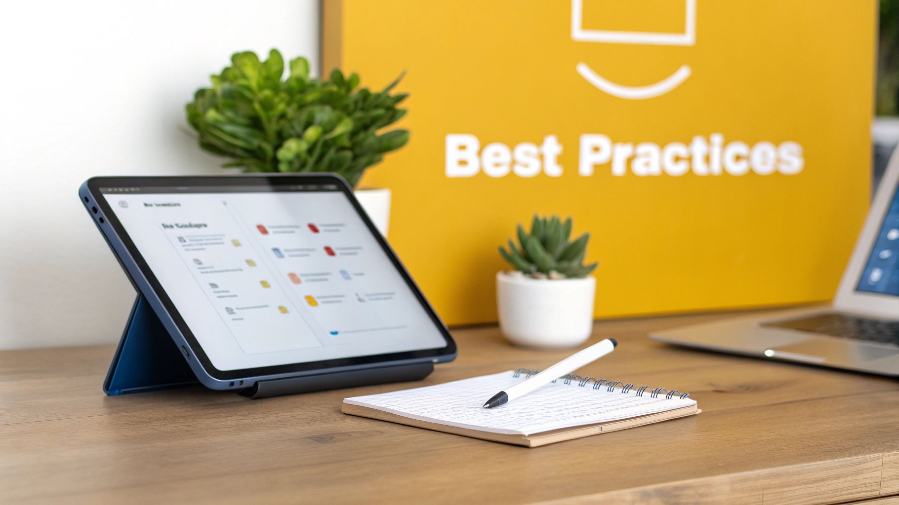 Office desk with a tablet, a notebook, a pen, and a laptop, promoting best practices.