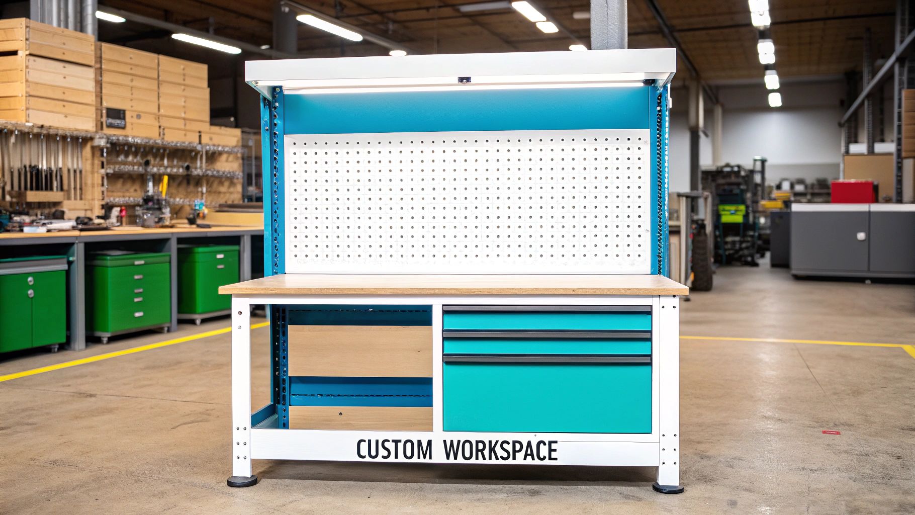 The Ultimate Lista Workbench UK Buyer's Guide 3 A modern white and teal workbench with a wooden top, pegboard, and drawers in a workshop.