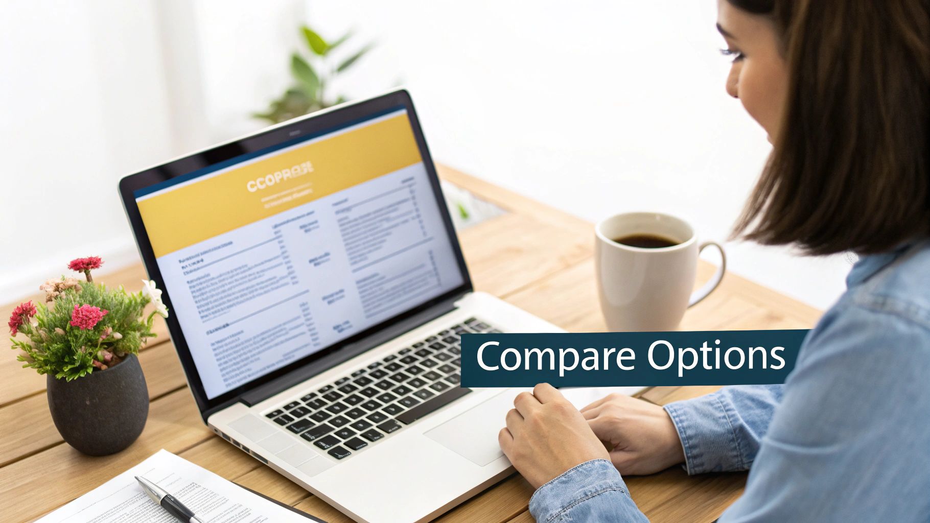 A person comparing options on a laptop, with a coffee cup and plant on a wooden table.