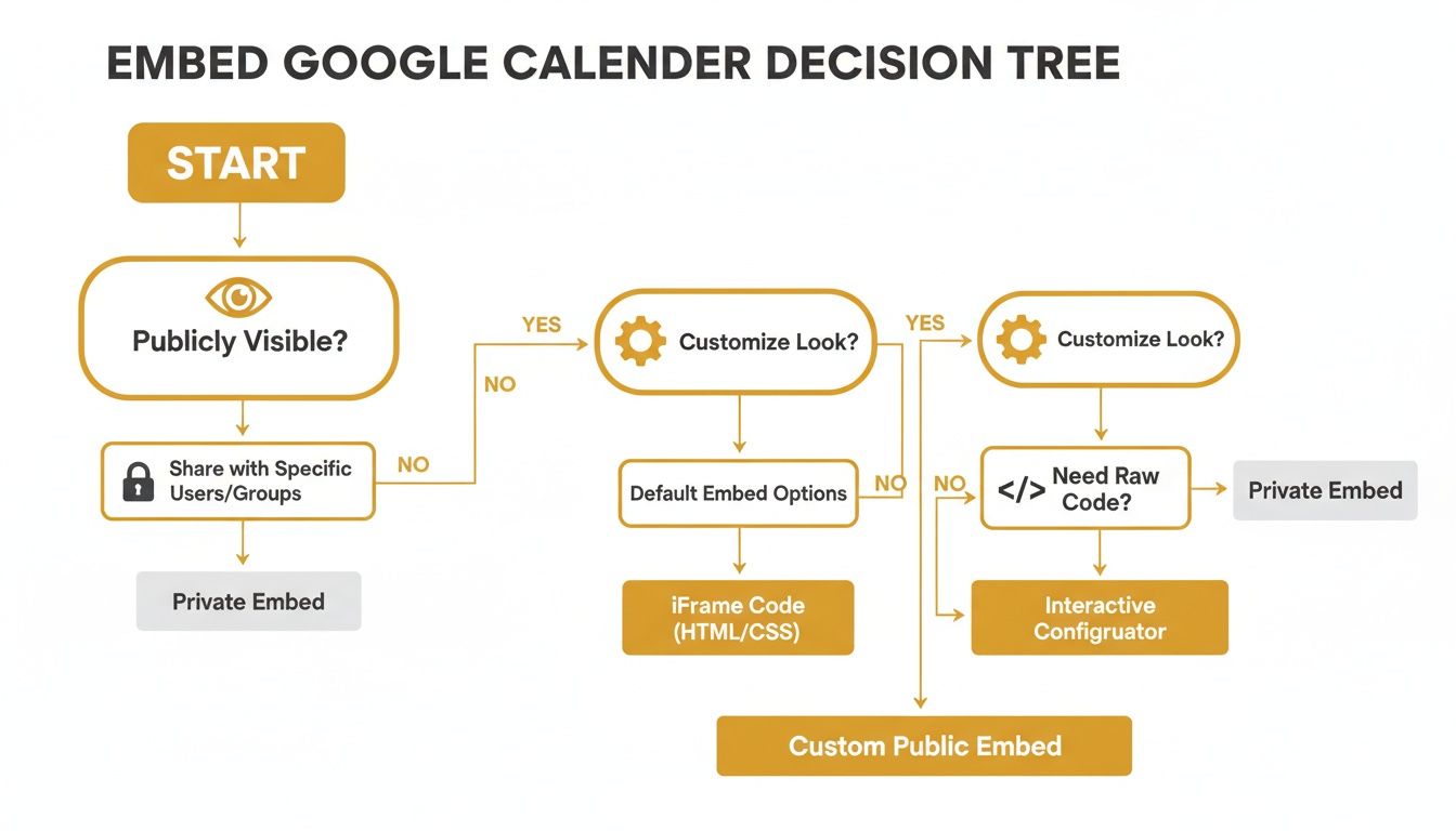 A decision tree flowchart illustrates choices for embedding Google Calendar, from public visibility to private options and customization.