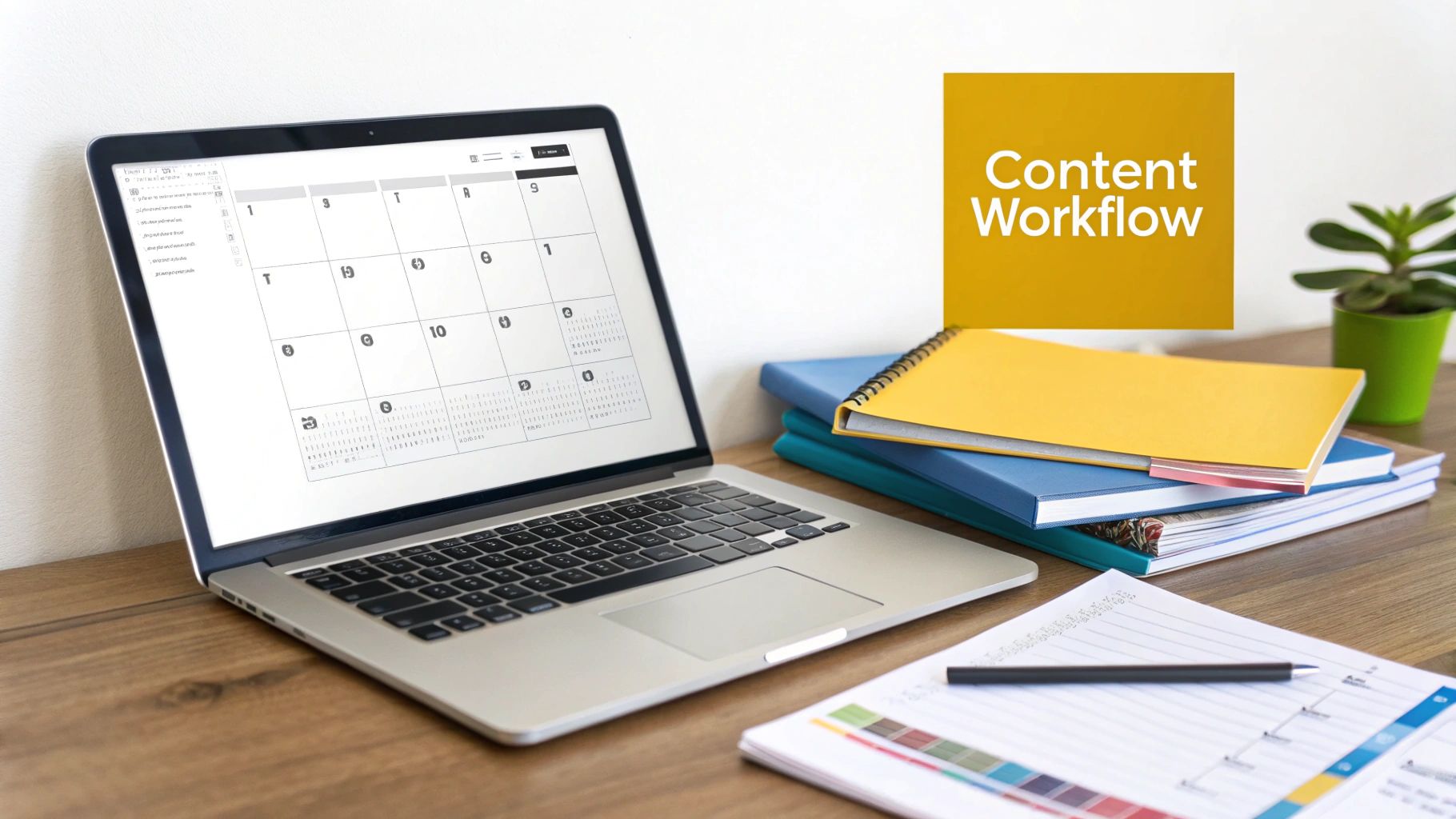 A desk with a laptop displaying a calendar, notebooks, a pen, and a sign saying 'Content Workflow'.