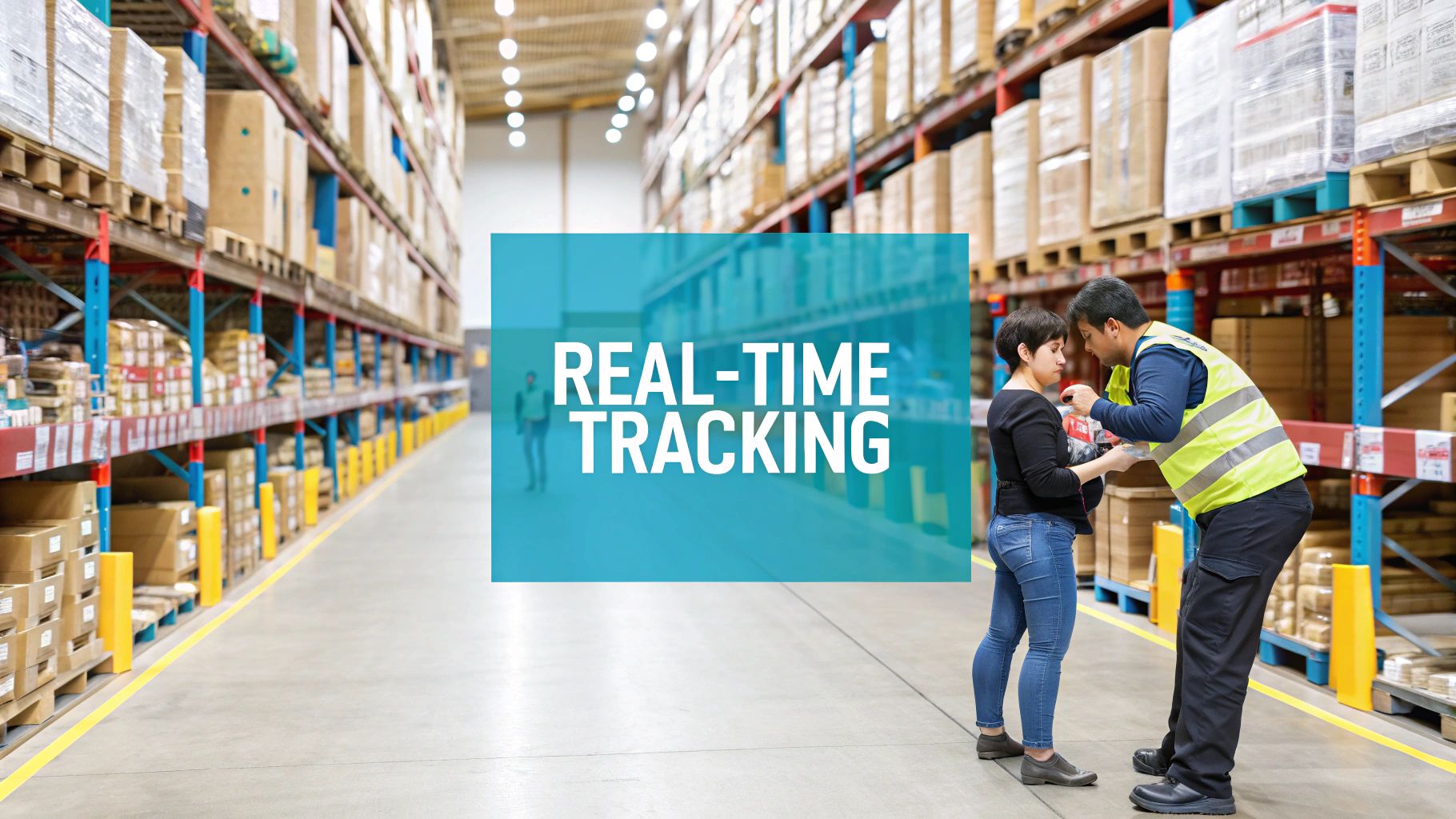 A warehouse worker using a handheld scanner to scan a barcode on a box, with digital inventory data overlaid on the image.